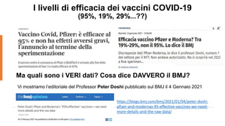 I livelli di efficacia dei vaccini COVID-19
(95%, 19%, 29%...??)
https://blogs.bmj.com/bmj/2021/01/04/peter-doshi-
pfizer-and-modernas-95-effective-vaccines-we-need-
more-details-and-the-raw-data/
Vi mostriamo l’editoriale del Professor Peter Doshi pubblicato sul BMJ il 4 Gennaio 2021
Ma quali sono i VERI dati? Cosa dice DAVVERO il BMJ?
 