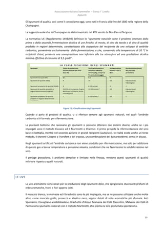 Associazione Italiana Sommelier – Corso I° Livello
                                                                    Appunti

         Gli spumanti di qualità, così come li conosciamo oggi, sono nati in Francia alla fine del 1600 nella regione della
         Champagne.

         La leggenda vuole che lo Champagne sia stato inventato nel XVII secolo da Don Pierre Pérignon.

         La normativa UE (Regolamento 1493/99) definisce lo “spumante naturale come il prodotto ottenuto dalla
         prima o dalla seconda fermentazione alcolica di uve fresche, di mosto, di vino da tavola o di vino di qualità
         prodotto in regioni determinate, caratterizzato alla stappatura del recipiente da uno sviluppo di anidride
         carbonica, proveniente esclusivamente dalla fermentazione, e che, conservato alla temperatura di 20 °C in
         recipienti chiusi, presenta una sovrapressione non inferiore alle tre atmosfere ed una gradazione alcolica
         minima effettiva al consumo di 9,5 gradi”.

                                                    LA CLASSIFICAZIONE DEG LI SPUMANTI
             Spumanti                                 Titolo alcolometrico            Titolo alcolometrico   Sovrapressione   Durata minima (mesi)
                                                      volumico totale del vino-       volumico effettivo     minima a 20 °C   del processo
                                                      base (%)                        minimo (%), compreso   (bar)            produttivo
                                                                                      l'eventuale dosaggio
             Spumanti tal quali (VS)                  8,5                             9,5                    3                -
             Spumanti di qualità (VSQ)                9                               10                     3,5              6 (autoclave)
                                                                                                                              9 (bottiglia)

             Spumanti aromatici di qualità (VSAQ)     9                               6 (10 totale)          3                1
             Spumanti di qualità prodotti in          9 (9,5% in Campania, Puglia,    10 (11 totale) *       3,5              6 (autoclave)
             regioni determinate (VSQPRD)             Basilicata, Calabria, Sicilia                                           9 (bottiglia)
                                                      e Sardegna) *
             Spumanti aromatici di qualità            *                               6 (10 totale) *        3,5              1
             prodotti in regioni determinate
             (VSAQPRD)



                                                       Figura 23 - Classificazione degli spumanti

         Quando si parla di prodotti di qualità, ci si riferisce sempre agli spumanti naturali, nei quali l’anidride
         carbonica si è formata per rifermentazione.

         Le piacevoli bollicine che ravvivano gli spumanti si possono ottenere con sistemi diversi, anche se i più
         impiegati sono il metodo Classico ed il Martinotti o Charmat. Il primo prevede la rifermentazione del vino
         base in bottiglia, mentre nel secondo avviene in grandi recipienti (autoclavi). In realtà esiste anche un terzo
         metodo, il Marone-Cinzano o Transfert o del travaso, una combinazione dei due precedenti, ormai in disuso.

         Negli spumanti artificiali l’anidride carbonica non viene prodotta per rifermentazione, ma solo per addizione
         di questo gas a bassa temperatura e pressione elevata, condizioni che ne favoriscono la solubilizzazione nel
         vino.

         Il perlage grossolano, il profumo semplice e limitato nella finezza, rendono questi spumanti di qualità
         inferiore rispetto a quelli naturali.




LE UVE

         Le uve aromatiche sono ideali per la produzione degli spumanti dolci, che sprigionano stuzzicanti profumi di
         erbe aromatiche, frutti e fiori appena colti.

         Il moscato bianco, le malvasie ed il brachetto sono le più impiegate, ma se ne possono utilizzare anche molte
         altre, come moscato giallo, prosecco e aleatico nero, seppur dotati di note aromatiche più sfumate. Asti
         Spumante, Conegliano-Valdobbiadene, Brachetto d’Acqui, Malvasia dei Colli Piacentini, Malvasia dei Colli di
         Parma sono spumanti elaborati con il metodo Martinotti, che premia la loro profumata spontaneità.



                                                                                                                                                     33
 