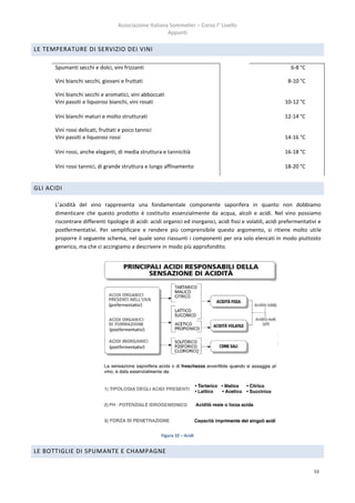 Associazione Italiana Sommelier – Corso I° Livello
                                                       Appunti

LE TEMPERATURE DI SERVIZIO DEI VINI

      Spumanti secchi e dolci, vini frizzanti                                                                   6-8 °C

      Vini bianchi secchi, giovani e fruttati                                                                  8-10 °C

      Vini bianchi secchi e aromatici, vini abboccati
      Vini passiti e liquorosi bianchi, vini rosati                                                          10-12 °C

      Vini bianchi maturi e molto strutturati                                                                12-14 °C

      Vini rossi delicati, fruttati e poco tannici
      Vini passiti e liquorosi rossi                                                                         14-16 °C

      Vini rossi, anche eleganti, di media struttura e tannicitià                                            16-18 °C

      Vini rossi tannici, di grande struttura e lungo affinamento                                            18-20 °C


GLI ACIDI

      L’acidità del vino rappresenta una fondamentale componente saporifera in quanto non dobbiamo
      dimenticare che questo prodotto è costituito essenzialmente da acqua, alcoli e acidi. Nel vino possiamo
      riscontrare differenti tipologie di acidi: acidi organici ed inorganici, acidi fissi e volatili, acidi prefermentativi e
      postfermentativi. Per semplificare e rendere più comprensibile questo argomento, si ritiene molto utile
      proporre il seguente schema, nel quale sono riassunti i componenti per ora solo elencati in modo piuttosto
      generico, ma che ci accingiamo a descrivere in modo più approfondito.




                                                     Figura 32 – Acidi


LE BOTTIGLIE DI SPUMANTE E CHAMPAGNE


                                                                                                                          53
 