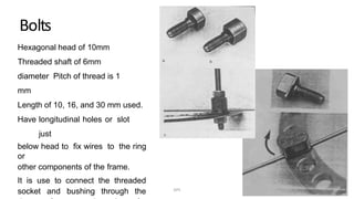 Bolts
Hexagonal head of 10mm
Threaded shaft of 6mm
diameter Pitch of thread is 1
mm
Length of 10, 16, and 30 mm used.
Have longitudinal holes or slot
just
below head to fix wires to the ring
or
other components of the frame.
It is use to connect the threaded
socket and bushing through the DPS
 