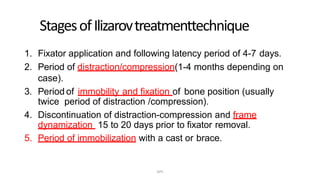 StagesofIlizarovtreatmenttechnique
1. Fixator application and following latency period of 4-7 days.
2. Period of distraction/compression(1-4 months depending on
case).
3. Period of immobility and fixation of bone position (usually
twice period of distraction /compression).
4. Discontinuation of distraction-compression and frame
dynamization 15 to 20 days prior to fixator removal.
5. Period of immobilization with a cast or brace.
DPS
 