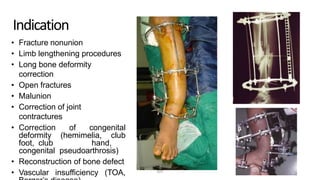 Indication
• Fracture nonunion
• Limb lengthening procedures
• Long bone deformity
correction
• Open fractures
• Malunion
• Correction of joint
contractures
• Correction of congenital
deformity (hemimelia, club
foot, club hand,
congenital pseudoarthrosis)
• Reconstruction of bone defect
• Vascular insufficiency (TOA, DPS
 