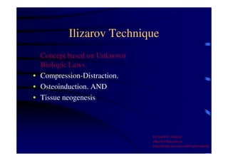 Ilizarov Technique 
Concept based on Unknown 
Biologic Laws. 
• Compression-Distraction. 
• Osteoinduction. AND 
• Tissue neogenesis. 
Dr Saleh W Alharby 
alharby@ksu.edu..sa 
http:/faculty.ksu.edu.sa/DrSalehAlharby 
 