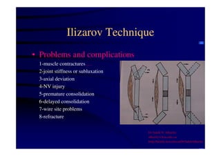 Ilizarov Technique 
• Problems and complications 
1-muscle contractures…. 
2-joint stiffness or subluxation 
3-axial deviation 
4-NV injury 
5-premature consolidation 
6-delayed consolidation 
7-wire site problems 
8-refracture 
Dr Saleh W Alharby 
alharby@ksu.edu..sa 
http:/faculty.ksu.edu.sa/DrSalehAlharby 
 