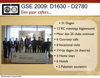 GSE 2009: D1630 - D2780
                      Een paar cijfers...

                                               • 31 Dagen
                                            • 13 RC meetings bijgewoond
                                            • Meer dan 25 clubs ontmoet
                                            • 6 Courtesy calls
                                            • 6 Vocational visits
                                            • 3 Vrije dagen (in theorie)
                                            • 3 Home stays
                                            • 6 Hotels
                                              • 2 Paketten souvenirs

Wednesday 5 August 2009
 