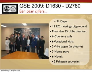 GSE 2009: D1630 - D2780
                      Een paar cijfers...

                                               • 31 Dagen
                                            • 13 RC meetings bijgewoond
                                            • Meer dan 25 clubs ontmoet
                                            • 6 Courtesy calls
                                            • 6 Vocational visits
                                            • 3 Vrije dagen (in theorie)
                                            • 3 Home stays
                                            • 6 Hotels
                                              • 2 Paketten souvenirs

Wednesday 5 August 2009
 