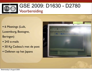 GSE 2009: D1630 - D2780
                      Voorbereiding


 • 6 Meetings (Luik,
 Luxemburg, Bastogne,
 Beringen)
 • 243 e-mails
 • 50 Kg Cadeau’s met de post
 • Oefenen op het Japans



Wednesday 5 August 2009
 