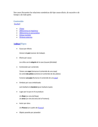 Son casos frecuentes las relaciones semánticas del tipo causa-efecto, de sucesión o de
tiempo o de todo-parte.


Contenido
[ocultar]

       1Tipos
       2Metonimia en lingüística
       3Metonimia en psicoanálisis
       4Véase también
       5Enlaces externos


[editar]Tipos

       Causa por efecto:

       Carecer de pan (carecer de trabajo).

       Efecto por causa:

       Los niños son la alegría de la casa (causan felicidad).

       Contenedor por contenido:

       Tomar una copa (tomarse el contenido de una copa)
       Se comió dos platos (comerse el contenido de dos platos)

       Fumarse una pipa (fumarse el contenido de una pipa)

       Símbolo por cosa simbolizada:

       Juró lealtad a la bandera (jurar lealtad al país).

       Lugar por lo que en él se produce:

       Un Rioja (un vino de Rioja).
       Un Jerez (un vino de Jerez de la Frontera).

       Autor por obra:

       Un Picasso (un cuadro de Picasso).

       Objeto poseído por poseedor:
 