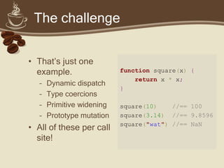 The challenge
• That’s just one
example.
– Dynamic dispatch
– Type coercions
– Primitive widening
– Prototype mutation
• All of these per call
site!
function square(x) {
return x * x;
}
square(10) //== 100
square(3.14) //== 9.8596
square("wat") //== NaN
 
