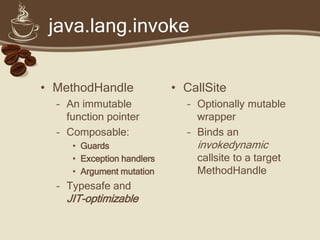 java.lang.invoke
• MethodHandle
– An immutable
function pointer
– Composable:
• Guards
• Exception handlers
• Argument mutation
– Typesafe and
JIT-optimizable
• CallSite
– Optionally mutable
wrapper
– Binds an
invokedynamic
callsite to a target
MethodHandle
 