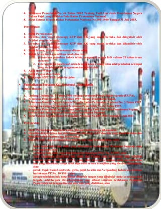 4. Peraturan Pemerintah No. 46 Tahun 2002 Tentang Tarif Atas Jenis Penerimaan Negara
Bukan Pajak yang Berlaku Pada Badan Pertanahan Nasional.
5. Surat Edaran Kepala Badan Pertanahan Nasional No.600-1900 Tanggal 31 Juli 2003.
Persyaratan:
1. Surat Permohonan
2. Identitas diri Wakif (fotocopy KTP dan KK yang masih berlaku dan dilegalisir oleh
Pejabat yang berwenang)
3. Identitas diri Nadzir (fotocopy KTP dan KK yang masih berlaku dan dilegalisir oleh
Pejabat yang berwenang)
4. Surat Kuasa, jika permohonannya dikuasakan
5. Bukti perolehan kepemilikan tanah disertai:
1. pernyataan pemohon bahwa telah menguasai secara fisik selama 20 tahun terus
menerus
2. keterangan Kepala Desa/Lurah dengan saksi 2 orang tetua adat/penduduk setempat
yang membenarkan penguasaan tanah tersebut.
6. Akta Ikrar Wakaf
7. Surat Pengesahan Nadzir
8. Foto copy SPPT PBB tahun berjalan
 Pendaftaran Pertama Kali Konversi - Sistematik
Dasar Hukum:
1. Undang-Undang No. 5 Tahun 1960 tentang Peraturan Pokok-Pokok Agraria (UUPA).
2. Peraturan Pemerintah No. 24 Tahun 1997 tentang Pendaftaran Tanah.
3. Peraturan Menteri Negara Agraria/ Kepala Badan Pertanahan Nasional No. 3 Tahun 1997
tentang Ketentuan Pelaksanaan Peraturan Pemerintah No. 24 Tahun 1997.
4. Peraturan Pemerintah No. 46 Tahun 2002 Tentang TarifAtas Jenis Penerimaan Negara
Bukan Pajak yang Berlaku Pada Badan Pertanahan Nasional.
5. Surat Edaran Kepala Badan Pertanahan Nasional No.600-1900 Tanggal 31 Juli 2003.
Persyaratan:
1. Surat Permohonan dan Surat kuasa, jika permohonannya dikuasakan.
2. Identitas diri pemohon dan atau kuasanya (fotocopy KTP dan KK yang masih berlaku dan
dilegalisir oleh Pejabat yang berwenang).
3. Bukti tertulis yang membuktikan adanya hak yang bersangkutan, yaitu:
o Surat tanda bukti hak milik yang diterbitkan berdasarkan Peraturan Swapraja yang
bersangkutan, atau
o sertipikat hak milik yang diterbitkan berdasarkan PMA No. 9/1959, atau
o surat keputusan pemberian hak milik dari Pejabat yang berwenang, baik sebelum
ataupun sejak berlakunya UUPA, yang tidak disertai kewajiban untuk mendaftarkan
hak yang diberikan, tetapi telah dipenuhi semua kewajiban yang disebut didalamnya,
atau
o petuk Pajak Bumi/Landrente, girik, pipil, kekitir dan Verponding Indonesia sebelum
berlakunya PP No. 10/1961, atau
o akta pemindahan hak yang dibuat dibawah tangan yang dibubuhi tanda kesaksian oleh
Kepala Adat/Kepala Desa/Kelurahan yang dibuat sebelum berlakunya Peraturan
Pemerintah ini dengan disertai alas hak yang dialihkan, atau
 