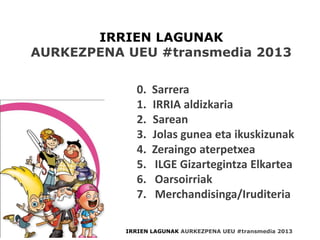 0. Sarrera
1. IRRIA aldizkaria
2. Sarean
3. Jolas gunea eta ikuskizunak
4. Zeraingo aterpetxea
5. ILGE Gizartegintza Elkartea
6. Oarsoirriak
7. Merchandisinga/Iruditeria
IRRIEN LAGUNAK AURKEZPENA UEU #transmedia 2013
IRRIEN LAGUNAK
AURKEZPENA UEU #transmedia 2013
 