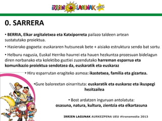 • Helburu nagusia, Euskal Herriko haurrei eta hauen hezkuntza prozesuan bidelagun
diren norbanako eta kolektibo guztiei zuzendutako harreman esparrua eta
komunikazio proiektua sendotzea da, euskaratik eta euskaraz
0. SARRERA
• BERRIA, Elkar argitaletxea eta Katxiporreta pailazo taldeen artean
sustatutako proiektua.
• Hasierako gogoeta: euskararen hutsuneak bete + aisiako estruktura sendo bat sortu.
•Gure baloreetan oinarrituta: euskaratik eta euskaraz eta ikuspegi
hezitzailea
• Hiru esparrutan eragiteko asmoa: ikastetxea, familia eta gizartea.
• Bost ardatzen inguruan antolatuta:
osasuna, natura, kultura, zientzia eta elkartasuna
IRRIEN LAGUNAK AURKEZPENA UEU #transmedia 2013
 