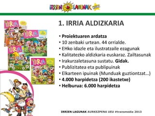 1. IRRIA ALDIZKARIA
• Proiektuaren ardatza
• 10 zenbaki urtean. 44 orrialde.
• EHko idazle eta ilustratzaile ezagunak
• Kalitatezko aldizkaria euskaraz. Zailtasunak
• Irakurzaletasuna sustatu. Gidak.
• Publizitatea eta publipuinak
• Elkarteen ipuinak (Munduak guztiontzat…)
• 4.000 harpidetza (200 ikastetxe)
• Helburua: 6.000 harpidetza
IRRIEN LAGUNAK AURKEZPENA UEU #transmedia 2013
 