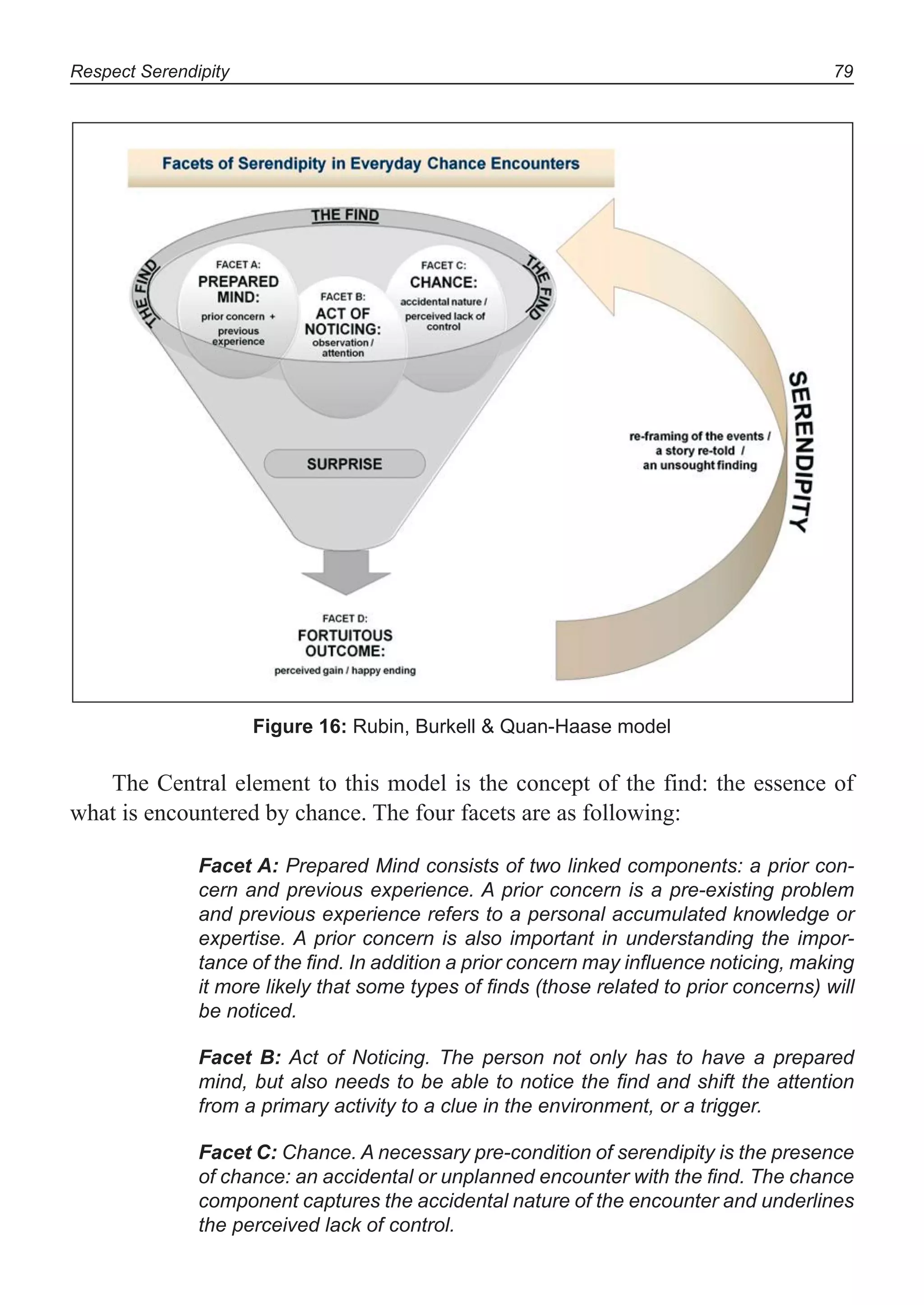 Respect Serendipity 79
Figure 16: Rubin, Burkell & Quan-Haase model
The Central element to this model is the concept of the find: the essence of
what is encountered by chance. The four facets are as following:
Facet A: Prepared Mind consists of two linked components: a prior con-
cern and previous experience. A prior concern is a pre-existing problem
and previous experience refers to a personal accumulated knowledge or
expertise. A prior concern is also important in understanding the impor-
tance of the ﬁnd. In addition a prior concern may inﬂuence noticing, making
it more likely that some types of ﬁnds (those related to prior concerns) will
be noticed.
Facet B: Act of Noticing. The person not only has to have a prepared
mind, but also needs to be able to notice the ﬁnd and shift the attention
from a primary activity to a clue in the environment, or a trigger.
Facet C: Chance. A necessary pre-condition of serendipity is the presence
of chance: an accidental or unplanned encounter with the ﬁnd. The chance
component captures the accidental nature of the encounter and underlines
the perceived lack of control.
 