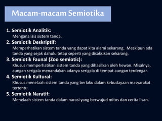 1. Semiotik Analitik:
Menganalisis sistem tanda.
2. Semiotik Deskriptif:
Memperhatikan sistem tanda yang dapat kita alami sekarang. Meskipun ada
tanda yang sejak dahulu tetap seperti yang disaksikan sekarang.
3. Semiotik Faunal (Zoo semiotic):
Khusus memperhatikan sistem tanda yang dihasilkan oleh hewan. Misalnya,
aungan serigala menandakan adanya serigala di tempat aungan terdengar.
4. Semiotik Kultural:
Khusus menelaah sistem tanda yang berlaku dalam kebudayaan masyarakat
tertentu.
5. Semiotik Naratif:
Menelaah sistem tanda dalam narasi yang berwujud mitos dan cerita lisan.
Macam-macam Semiotika
 