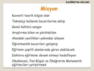 İLKÖĞRETİM BÖLÜMÜ


                     Misyon
Kuvvetli teorik bilgisi olan
Teknoloji kullanım becerilerine sahip
Genel kültürü zengin
Araştırma bilen ve yürütebilen
Alandaki yenilikleri yakından izleyen
Öğretmenlik becerileri gelişmiş
Eğitimin çeşitli alanlarında görev alabilecek
Doktora eğitimine devam etmeyi hedefleyen
Okulöncesi, Fen Bilgisi ve İlköğretim Matematik
eğitimcileri yetiştirmek
 