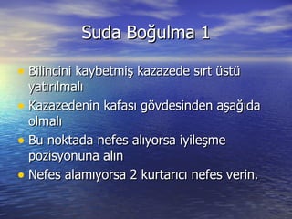 Suda Boğulma 1 Bilincini kaybetmiş kazazede sırt üstü yatırılmalı  Kazazedenin kafası gövdesinden aşağıda olmalı Bu noktada nefes alıyorsa iyileşme pozisyonuna alın Nefes alamıyorsa 2 kurtarıcı nefes verin. 