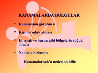 KANAMALARDA BULGULAR

* Kanamanın görülmesi

* KiĢinin soluk alması

* El, ayak ve burun gibi bölgelerin soğuk
  olması

* Nabızda hızlanma

     Kanamalar Ģok’a neden olabilir.
 