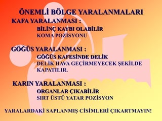 ÖNEMLĠ BÖLGE YARALANMALARI
  KAFA YARALANMASI :
         BĠLĠNÇ KAYBI OLABĠLĠR
         KOMA POZĠSYONU

  GÖĞÜS YARALANMASI :
         GÖĞÜS KAFESĠNDE DELĠK
         DELĠK HAVA GEÇĠRMEYECEK ġEKĠLDE
         KAPATILIR.

  KARIN YARALANMASI :
         ORGANLAR ÇIKABĠLĠR
         SIRT ÜSTÜ YATAR POZĠSYON

YARALARDAKĠ SAPLANMIġ CĠSĠMLERĠ ÇIKARTMAYIN!
 