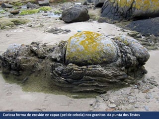 Curiosa forma de erosión en capas (pel de cebola) nos granitos da punta dos Testos
 
