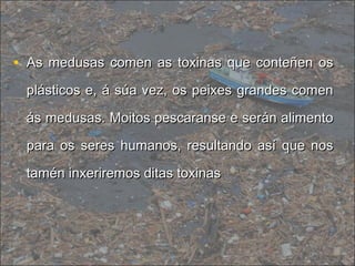 • As medusas comen as toxinas que conteñen osAs medusas comen as toxinas que conteñen os
plásticos e, á súa vez, os peixes grandes comenplásticos e, á súa vez, os peixes grandes comen
ás medusas. Moitos pescaranse e serán alimentoás medusas. Moitos pescaranse e serán alimento
para os seres humanos, resultando así que nospara os seres humanos, resultando así que nos
tamén inxeriremos ditas toxinastamén inxeriremos ditas toxinas
 