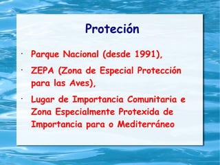 Proteción
•
Parque Nacional (desde 1991),
•
ZEPA (Zona de Especial Protección
para las Aves),
•
Lugar de Importancia Comunitaria e
Zona Especialmente Protexida de
Importancia para o Mediterráneo
 