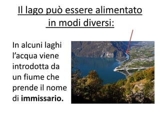 Il lago può essere alimentato
in modi diversi:
In alcuni laghi
l’acqua viene
introdotta da
un fiume che
prende il nome
di immissario.

 