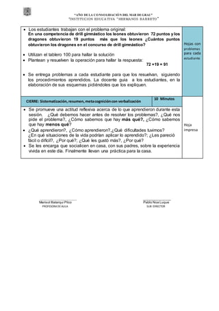 “AÑO DE LA CONSOLIDACIÓN DEL MAR DEGRAU”
“INSTITUCION EDUCA TIVA “HERMA NOS BA RRETO ”
___________________________ ________________
Marisol Illatarqui Pilco Pablo Noa Luque
PROFESORA DEAULA SUB DIRECTOR
 Los estudiantes trabajan con el problema original:
En una competencia de drill gimnástico los leones obtuvieron 72 puntos y los
dragones obtuvieron 19 puntos más que los leones ¿Cuántos puntos
obtuvieron los dragones en el concurso de drill gimnástico?
 Utilizan el tablero 100 para hallar la solución
 Plantean y resuelven la operación para hallar la respuesta:
72 +19 = 91
 Se entrega problemas a cada estudiante para que los resuelvan, siguiendo
los procedimientos aprendidos. La docente guia a los estudiantes, en la
elaboración de sus esquemas pidiéndoles que los expliquen.
Hojas con
problemas
para cada
estudiante
CIERRE: Sistematización,resumen,metacognicióncon verbalización
10 Minutos
Hoja
impresa
 Se promueve una actitud reflexiva acerca de lo que aprendieron durante esta
sesión. ¿Qué debemos hacer antes de resolver los problemas?, ¿Qué nos
pide el problema?, ¿Cómo sabemos que hay más qué?, ¿Cómo sabemos
que hay menos qué?
 ¿Qué aprendieron?, ¿Cómo aprendieron?,¿Qué dificultades tuvimos?
¿En qué situaciones de la vida podrían aplicar lo aprendido?; ¿Les pareció
fácil o difícil?, ¿Por qué?; ¿Qué les gustó más?, ¿Por qué?
 Se les encarga que socialicen en casa, con sus padres, sobre la experiencia
vivida en este día. Finalmente llevan una práctica para la casa.
 