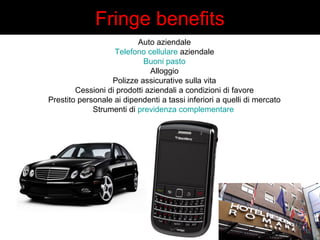 Fringe benefits 
Auto aziendale 
Telefono cellulare aziendale 
Buoni pasto 
Alloggio 
Polizze assicurative sulla vita 
Cessioni di prodotti aziendali a condizioni di favore 
Prestito personale ai dipendenti a tassi inferiori a quelli di mercato 
Strumenti di previdenza complementare 
 