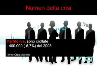 Numeri della crisi 
Partite Iva, sono crollate 
- 400.000 (-6,7%) dal 2008 
(fonte Cgia Mestre) 
 