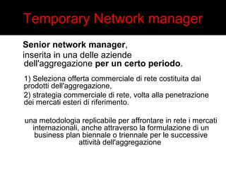 Temporary Network manager 
Senior network manager, 
inserita in una delle aziende 
dell'aggregazione per un certo periodo. 
1) Seleziona offerta commerciale di rete costituita dai 
prodotti dell'aggregazione, 
2) strategia commerciale di rete, volta alla penetrazione 
dei mercati esteri di riferimento. 
una metodologia replicabile per affrontare in rete i mercati 
internazionali, anche attraverso la formulazione di un 
business plan biennale o triennale per le successive 
attività dell'aggregazione 
 