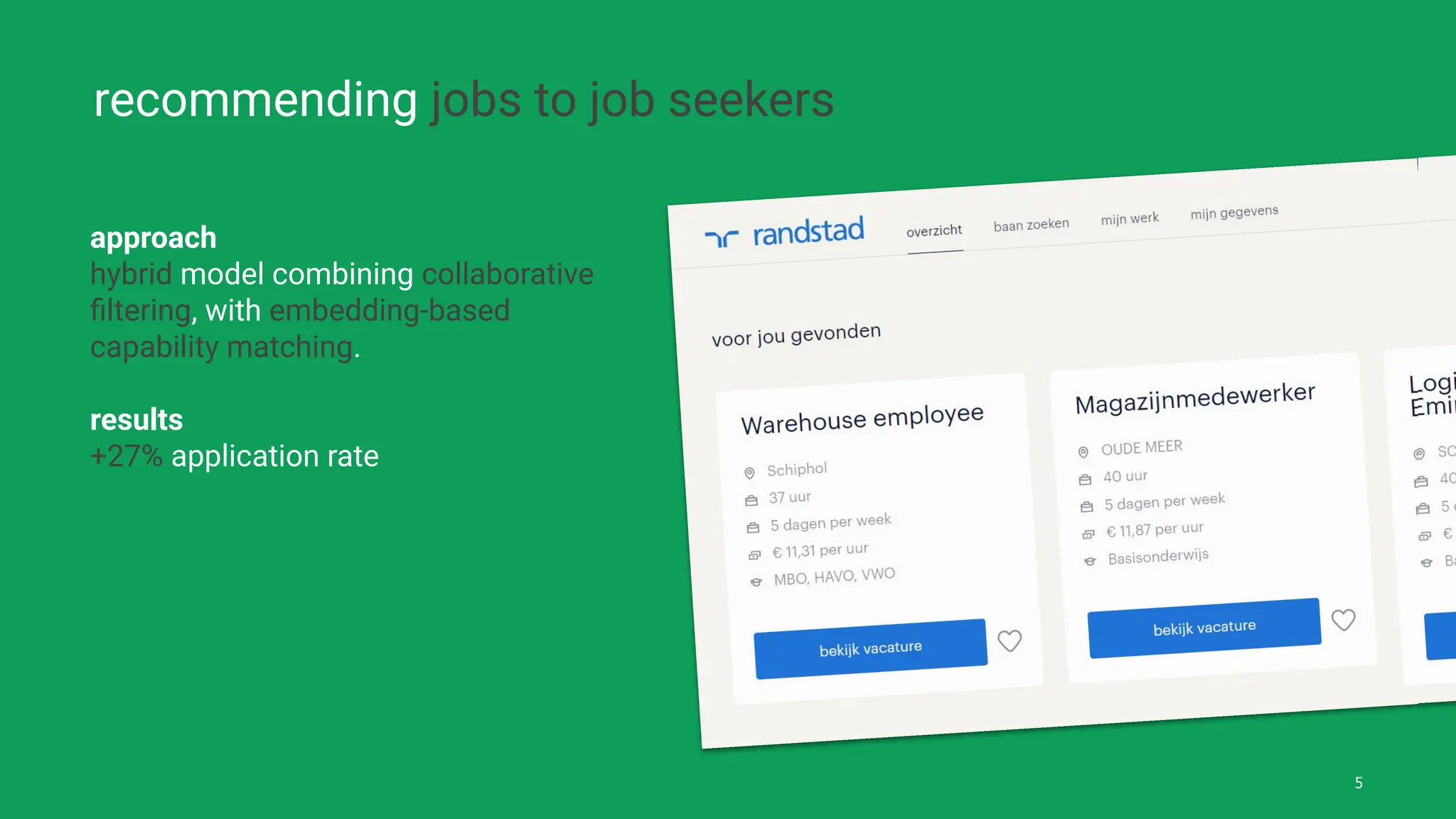 approach
hybrid model combining collaborative
ﬁltering, with embedding-based
capability matching.
results
+27% application rate
recommending jobs to job seekers
5
 