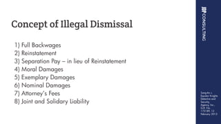 1) Full Backwages
2) Reinstatement
3) Separation Pay – in lieu of Reinstatement
4) Moral Damages
5) Exemplary Damages
6) Nominal Damages
7) Attorney’s Fees
8) Joint and Solidary Liability
Sang-An v.
Equator Knights
Detective and
Security,
Agency, Inc.,
G.R. No.
173189, 13
February 2013
Concept of Illegal Dismissal
 