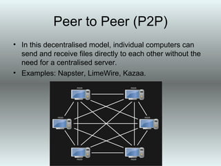 Model 1 - One to Many The oldest and most common example of file sharing is the WWW itself. Using a client/server model, many users or visitors are delivered content from a central server. Examples: Web pages, YouTube, Flickr. 