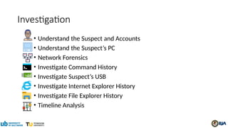 Investigation
• Understand the Suspect and Accounts
• Understand the Suspect’s PC
• Network Forensics
• Investigate Command History
• Investigate Suspect’s USB
• Investigate Internet Explorer History
• Investigate File Explorer History
• Timeline Analysis
 