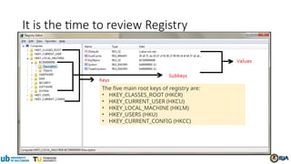 It is the time to review Registry
The five main root keys of registry are:
• HKEY_CLASSES_ROOT (HKCR)
• HKEY_CURRENT_USER (HKCU)
• HKEY_LOCAL_MACHINE (HKLM)
• HKEY_USERS (HKU)
• HKEY_CURRENT_CONFIG (HKCC)
 
