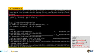 List Disk Interfaces
#USBSTOR
#Disk
&Ven_[VendorName]
&Prod_[ProductName]
&Rev_[RevisionID]
#[UID/SerialNo.]
#{DeviceInterfaceClassID}.
 