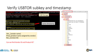 Verify USBTOR subkey and timestamp
Ven_ [vendor name]
Prod_[product name assigned by vendor]
Rev_[revision ID]
USB Storage
Same timestamp
Can we find Vendor ID and Product ID?
 