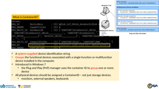 What is ContainerID?
• A system-supplied device identification string
• Groups the functional devices associated with a single-function or multifunction
device installed in the computer.
• Introduced in Windows 7
• the Plug and Play (PnP) manager uses the container ID to group one or more
device
• All physical devices should be assigned a ContainerID – not just storage devices.
• monitors, external speakers, keyboards
 