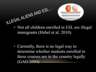Illegal aliens and esl…,[object Object],Not all children enrolled in ESL are illegal immigrants (Hebel et al. 2010). ,[object Object],Currently, there is no legal way to determine whether students enrolled in these courses are in the country legally(GAO 2004),[object Object]