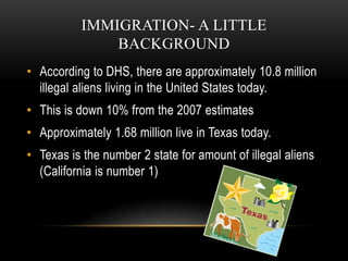Immigration- a little background<br />According to DHS, there are approximately 10.8 million illegal aliens living in the ...