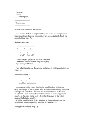 Optional:
 --------
(5) Soldering iron.

==============
-Construction-
==============

 -please note: diagrams not to scale.

  First untwist the ball point pen and take out all the insides (you may
break them to get them out because they are not needed and should be
discarded (see diag. A).

-The pen (diag. A)-

   --------------------------
  -<          +         :*]
   --------------------------
       ^           ^
     1St half      2nd half

  < denotes pen tip (where the ink comes out).
  + Denotes middle (separation point of pen).
  *] denotes push button.

 Now take the metal bar (larger one) and attach it to the push button (see
Diag. B).

-Firing pin (diag.B)-

   --------------------*
          ^        ^
      metal bar push button

  you can attach it by either shoving the metal bar into the bottom
or by soldering it in place (please note: I recommend soldering the metal
bar in place). Important - the metal bar must be attached in the exact
middle of the push button (the metal bar will act as a striking pin and
must be in the exact center so it will strike the middle of the bullet
causing the bullet to go off).
  With the metal bar now firmly attached to the push button, put the
push button inside the pen like it should be (see diag. C).

-Firing pin placement (diag. C)
 