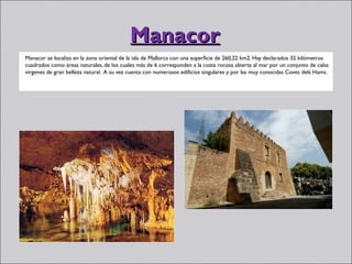 Manacor
Manacor se localiza en la zona oriental de la isla de Mallorca con una superficie de 260,22 km2. Hay declarados 32 kilómetros
cuadrados como áreas naturales, de los cuales más de 6 corresponden a la costa rocosa abierta al mar por un conjunto de calas
vírgenes de gran belleza natural. A su vez cuenta con numerosos edificios singulares y por las muy conocidas Coves dels Hams.
 