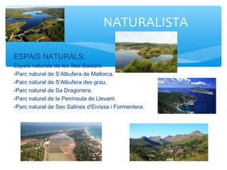 ESPAIS NATURALS:
Espais naturals de les Illes Balears:
-Parc natural de S‘Albufera de Mallorca.
-Parc natural de S‘Albufera des grau.
-Parc natural de Sa Dragonera.
-Parc natural de la Península de Llevant.
-Parc natural de Ses Salines d'Eivissa i Formentera.
NATURALISTA
 