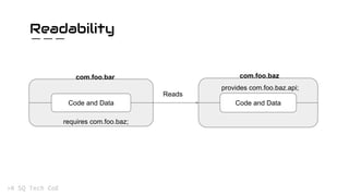 Readability
com.foo.bar
Code and Data
requires com.foo.baz;
com.foo.baz
Code and Data
provides com.foo.baz.api;
Reads
 