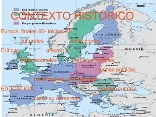CONTEXTO HISTÓRICO
Europa, finales 60- inicios 70
culturales instituciones
Críticas afectan a
internacionales prácticas sociales
luchas políticas
revueltas estudiantiles por
EDUCACIÓN cambio cultural
crece su demanda
Patriciaa3
 