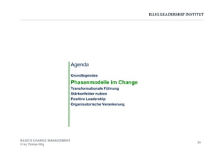 ILLIG LEADERSHIP INSTITUT
Agenda
Grundlegendes
Phasenmodelle im Change
Transformationale Führung
Stärkenfelder nutzen
Positive Leadership
Organisatorische Verankerung
BASICS CHANGE MANAGEMENT
© by Tobias Illig
34
 