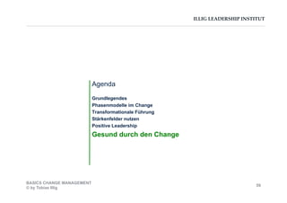 ILLIG LEADERSHIP INSTITUT
Agenda
Grundlegendes
Phasenmodelle im Change
Transformationale Führung
Stärkenfelder nutzen
Positive Leadership
Gesund durch den Change
BASICS CHANGE MANAGEMENT
© by Tobias Illig
59
 