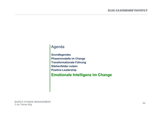 ILLIG LEADERSHIP INSTITUT
Agenda
Grundlegendes
Phasenmodelle im Change
Transformationale Führung
Stärkenfelder nutzen
Positive Leadership
Emotionale Intelligenz im Change
BASICS CHANGE MANAGEMENT
© by Tobias Illig
62
 